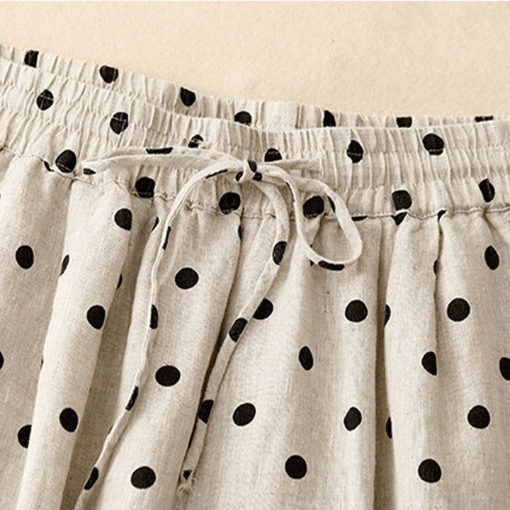 Pantalones de lino y algodón con cordón y lunares negros informales para mujer con bolsillos y Buddha Stones