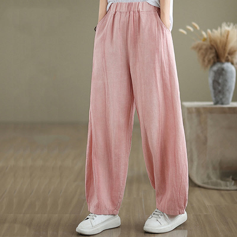 Pantalones de lino y algodón con cintura elástica y diseño arrugado de color liso con Buddha Stones para mujer con bolsillos - image 24
