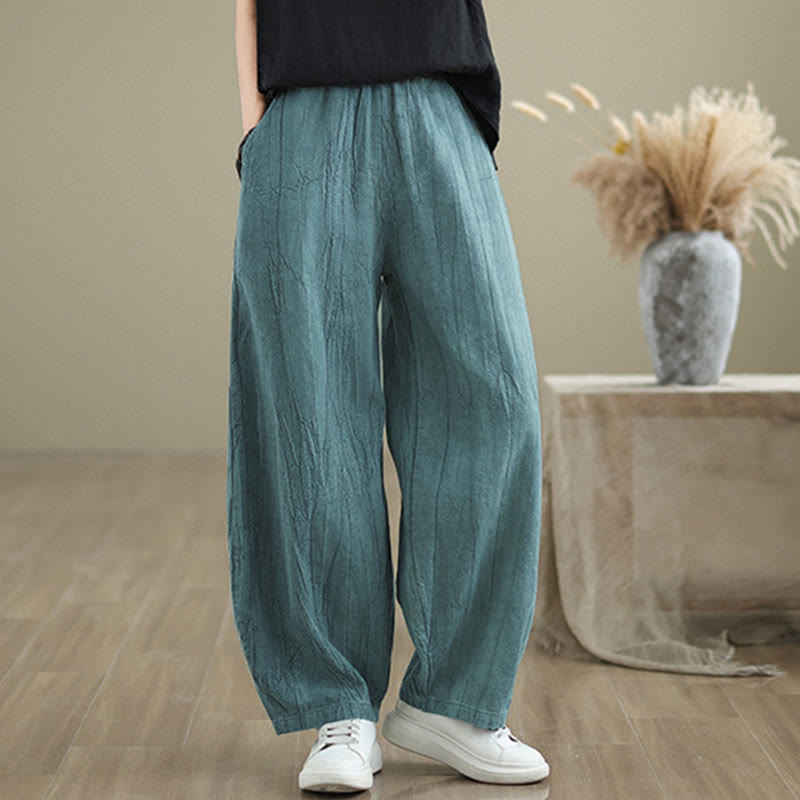 Pantalones de lino y algodón con cintura elástica y diseño arrugado de color liso con Buddha Stones para mujer con bolsillos - image 18