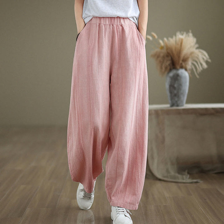 Pantalones de lino y algodón con cintura elástica y diseño arrugado de color liso con Buddha Stones para mujer con bolsillos - Rosa - US8-10，UK/AU12-14，EU40-42 (2XL) - image 22