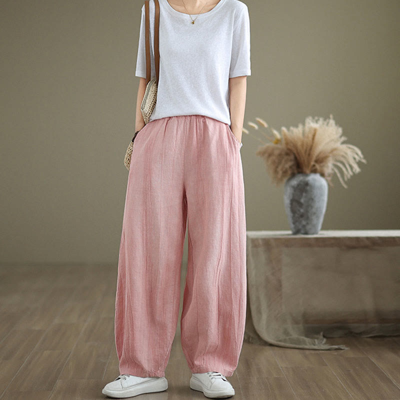 Pantalones de lino y algodón con cintura elástica y diseño arrugado de color liso con Buddha Stones para mujer con bolsillos - image 27