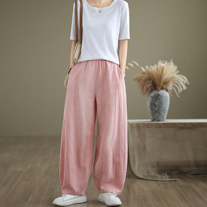 Pantalones de lino y algodón con cintura elástica y diseño arrugado de color liso con Buddha Stones para mujer con bolsillos - image 27