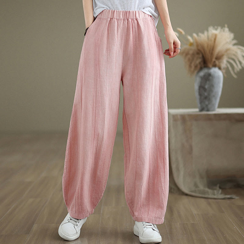 Pantalones de lino y algodón con cintura elástica y diseño arrugado de color liso con Buddha Stones para mujer con bolsillos - image 23