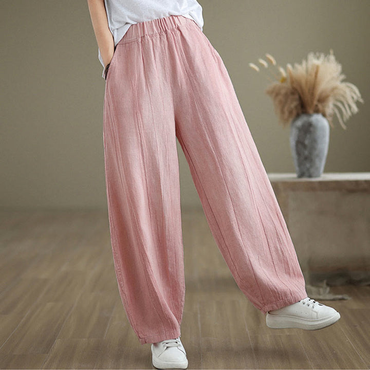 Pantalones de lino y algodón con cintura elástica y diseño arrugado de color liso con Buddha Stones para mujer con bolsillos - image 25