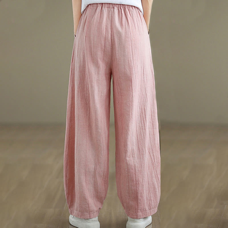 Pantalones de lino y algodón con cintura elástica y diseño arrugado de color liso con Buddha Stones para mujer con bolsillos - image 26