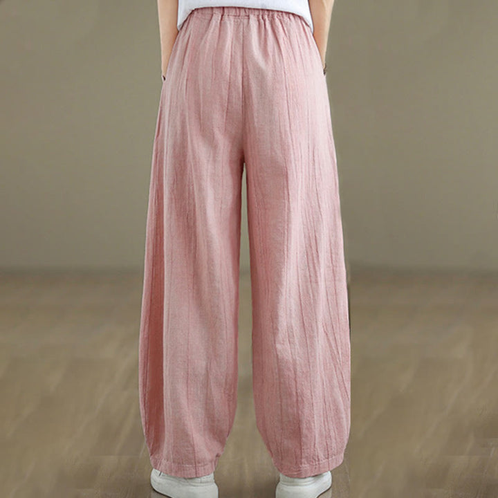 Pantalones de lino y algodón con cintura elástica y diseño arrugado de color liso con Buddha Stones para mujer con bolsillos - image 26