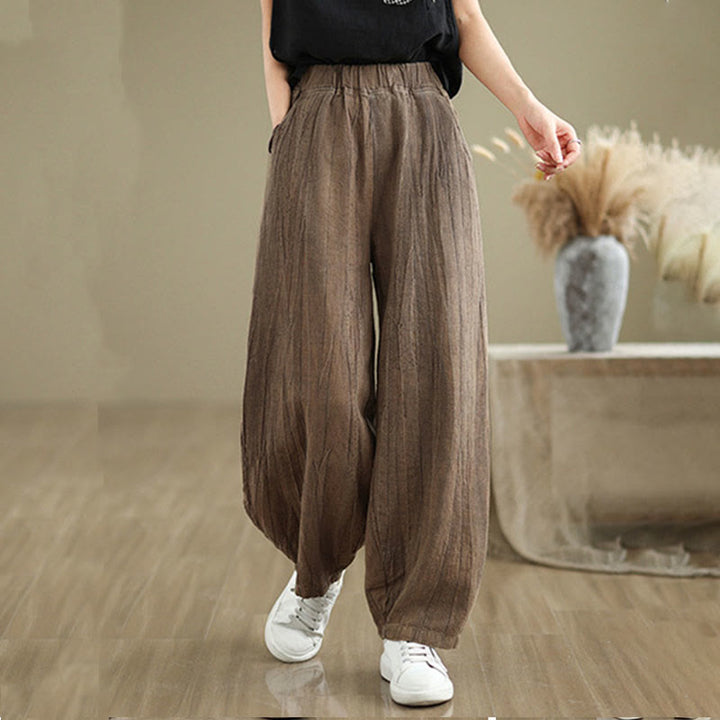 Pantalones de lino y algodón con cintura elástica y diseño arrugado de color liso con Buddha Stones para mujer con bolsillos - image 3