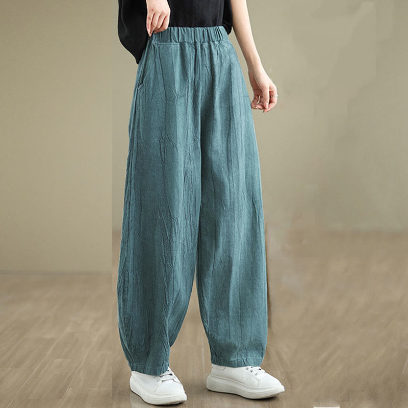 Pantalones de lino y algodón con cintura elástica y diseño arrugado de color liso con Buddha Stones para mujer con bolsillos - image 19