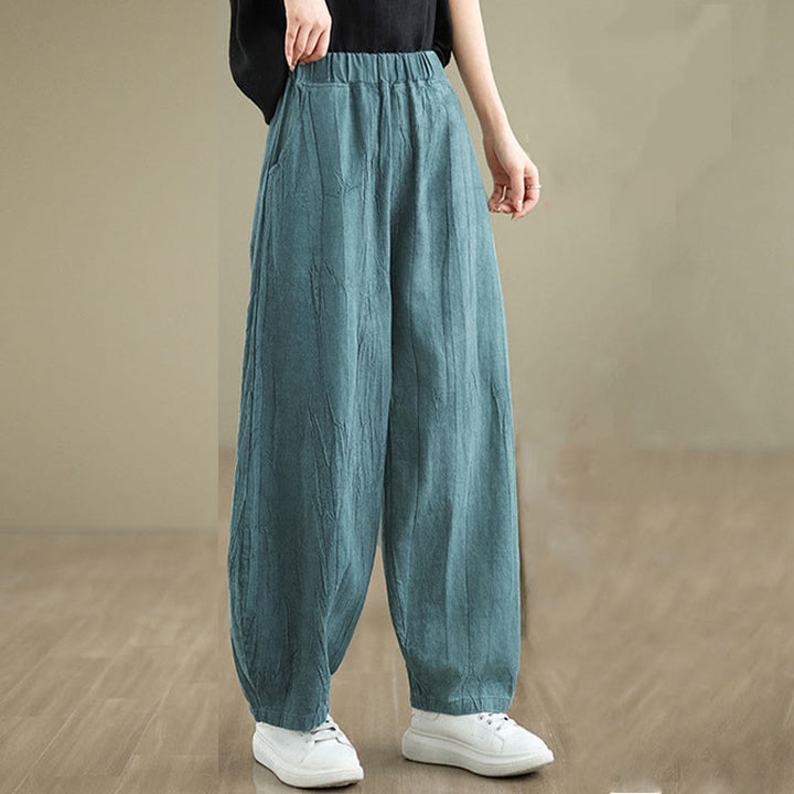 Pantalones de lino y algodón con cintura elástica y diseño arrugado de color liso con Buddha Stones para mujer con bolsillos - image 19