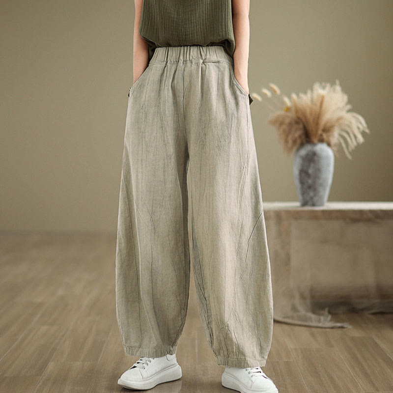 Pantalones de lino y algodón con cintura elástica y diseño arrugado de color liso con Buddha Stones para mujer con bolsillos - image 7