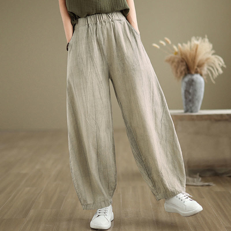 Pantalones de lino y algodón con cintura elástica y diseño arrugado de color liso con Buddha Stones para mujer con bolsillos - image 9