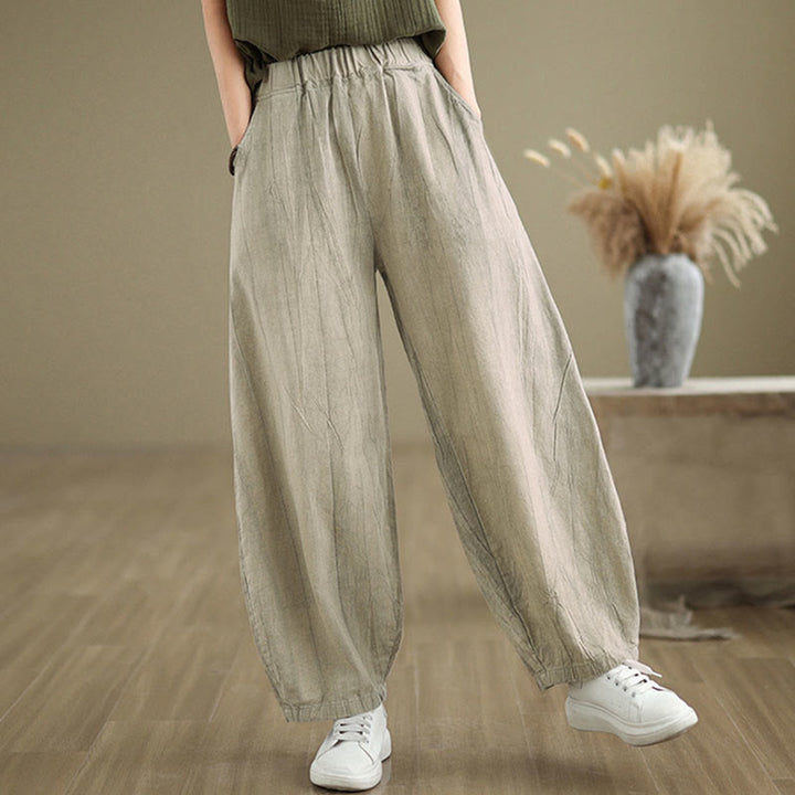 Pantalones de lino y algodón con cintura elástica y diseño arrugado de color liso con Buddha Stones para mujer con bolsillos - image 9
