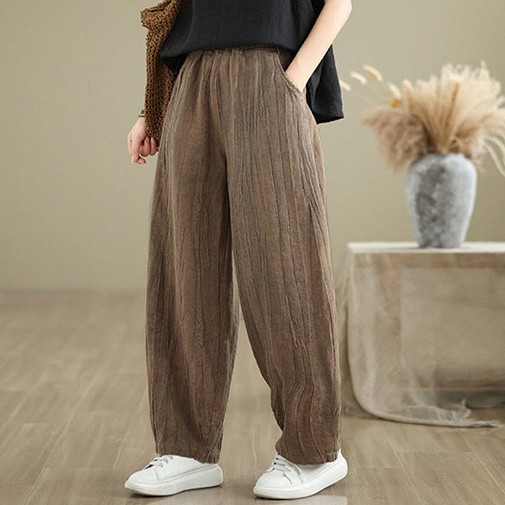 Pantalones de lino y algodón con cintura elástica y diseño arrugado de color liso con Buddha Stones para mujer con bolsillos - image 1