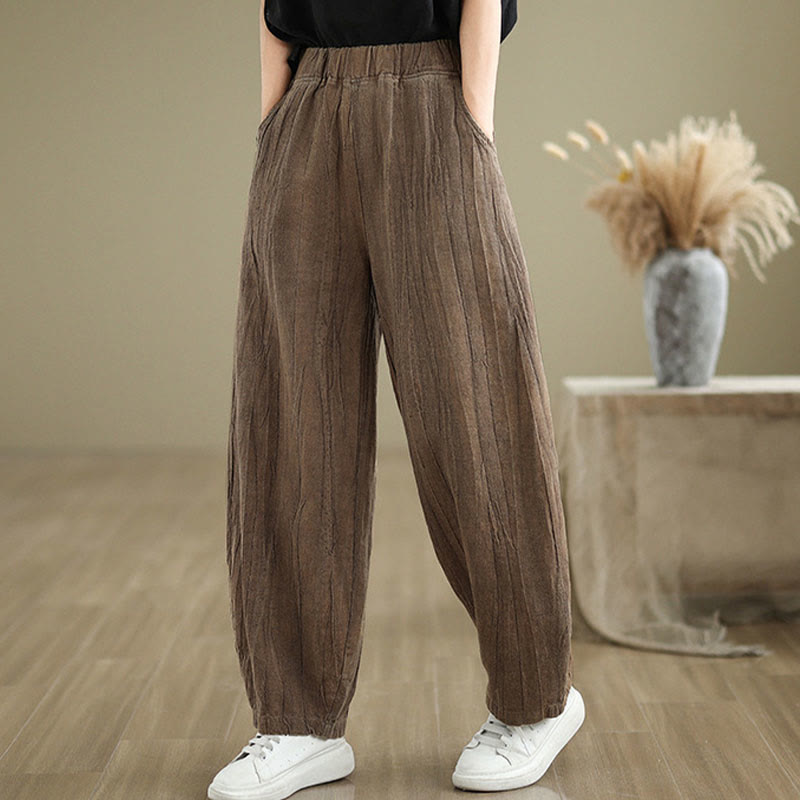 Pantalones de lino y algodón con cintura elástica y diseño arrugado de color liso con Buddha Stones para mujer con bolsillos - Vara de oro oscura - US8-10，UK/AU12-14，EU40-42 (2XL) - image 0