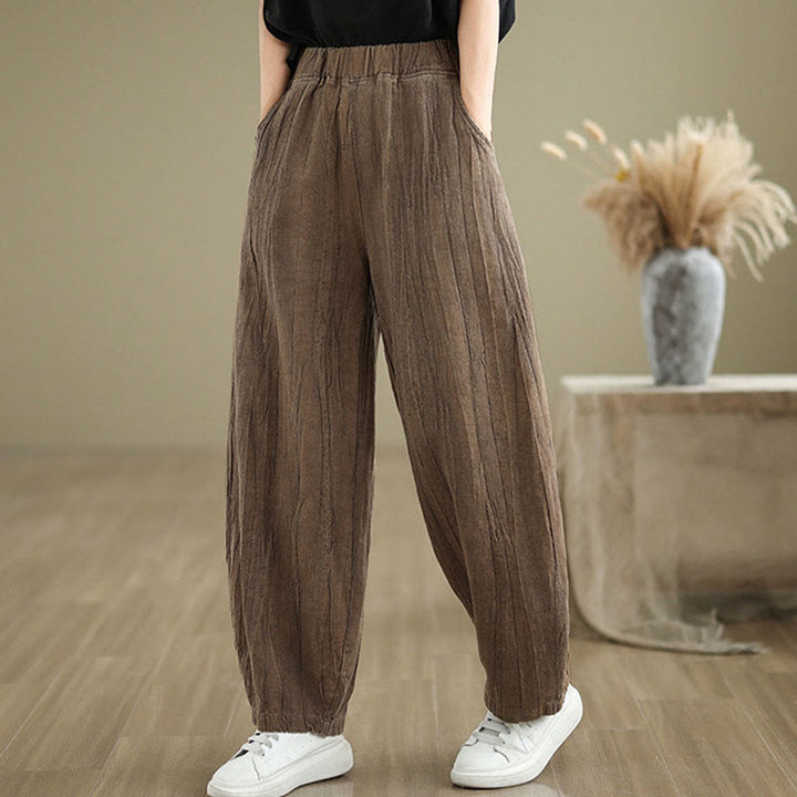 Pantalones de lino y algodón con cintura elástica y diseño arrugado de color liso con Buddha Stones para mujer con bolsillos - Vara de oro oscura - US8-10，UK/AU12-14，EU40-42 (2XL) - image 0