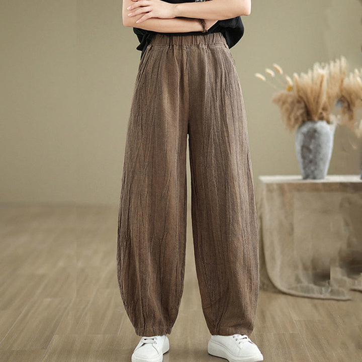 Pantalones de lino y algodón con cintura elástica y diseño arrugado de color liso con Buddha Stones para mujer con bolsillos - image 4
