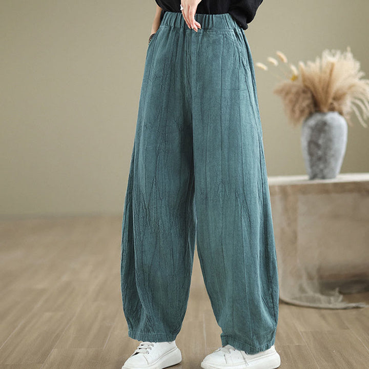 Pantalones de lino y algodón con cintura elástica y diseño arrugado de color liso con Buddha Stones para mujer con bolsillos - image 17