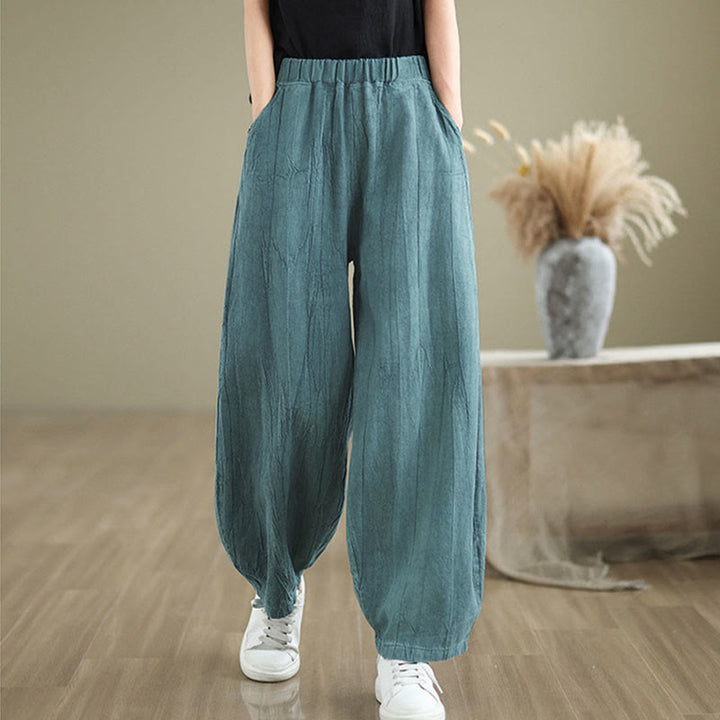 Pantalones de lino y algodón con cintura elástica y diseño arrugado de color liso con Buddha Stones para mujer con bolsillos - image 16