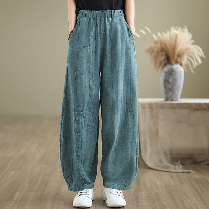 Pantalones de lino y algodón con cintura elástica y diseño arrugado de color liso con Buddha Stones para mujer con bolsillos - Verde azulado - US8-10，UK/AU12-14，EU40-42 (2XL) - image 15