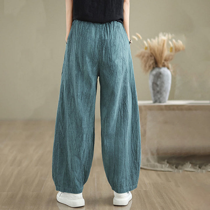 Pantalones de lino y algodón con cintura elástica y diseño arrugado de color liso con Buddha Stones para mujer con bolsillos - image 20