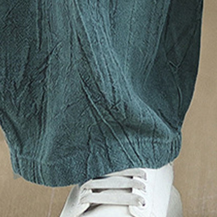 Pantalones de lino y algodón con cintura elástica y diseño arrugado de color liso con Buddha Stones para mujer con bolsillos - image 21