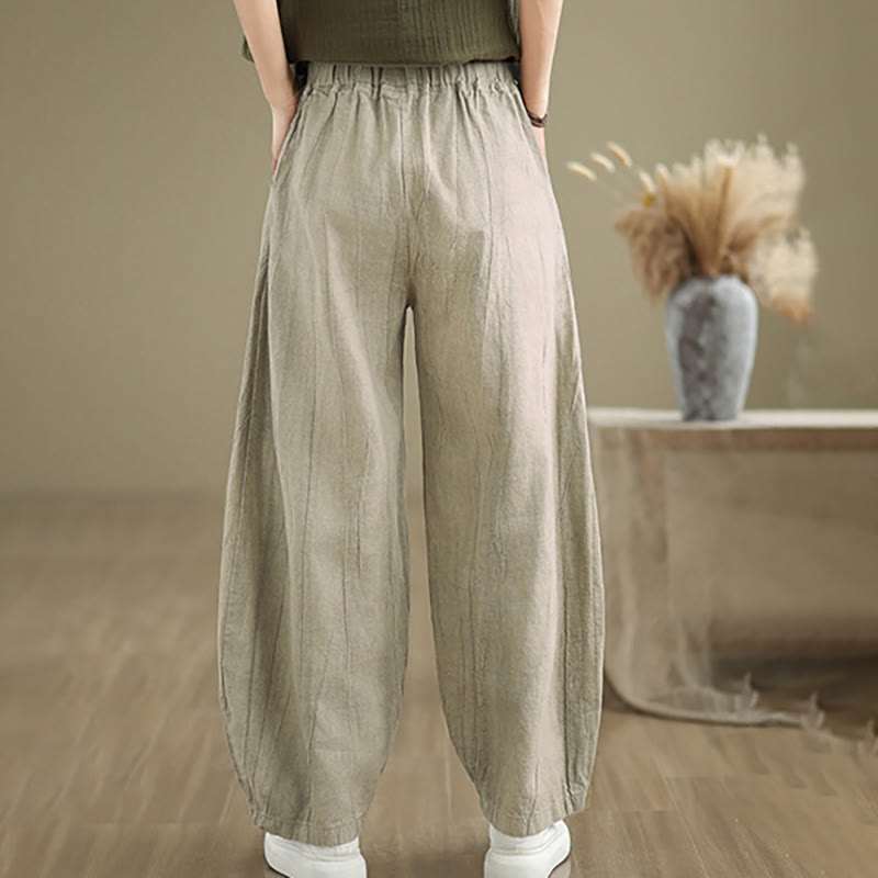 Pantalones de lino y algodón con cintura elástica y diseño arrugado de color liso con Buddha Stones para mujer con bolsillos - image 10
