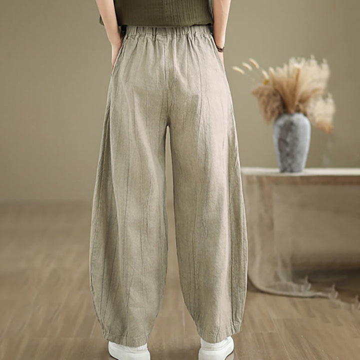 Pantalones de lino y algodón con cintura elástica y diseño arrugado de color liso con Buddha Stones para mujer con bolsillos - image 10