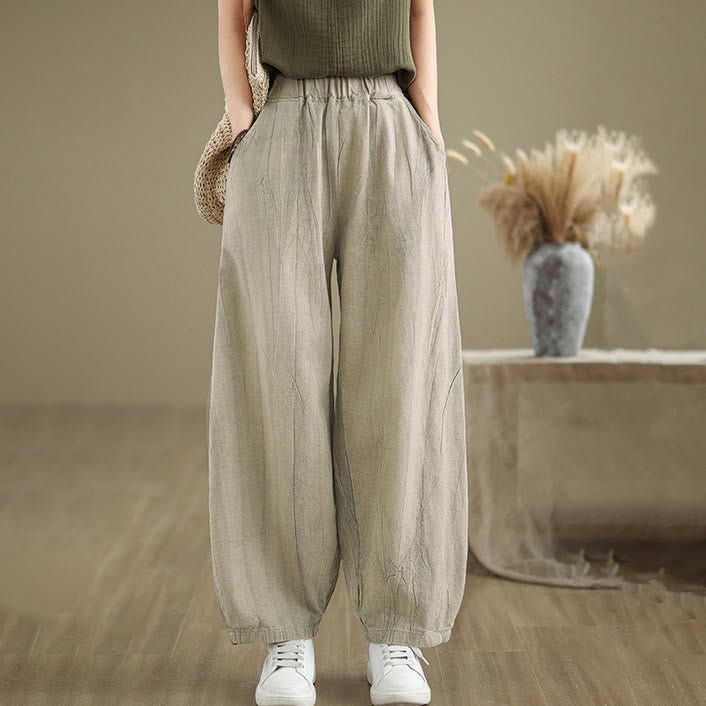 Pantalones de lino y algodón con cintura elástica y diseño arrugado de color liso con Buddha Stones para mujer con bolsillos - Caqui - US8-10，UK/AU12-14，EU40-42 (2XL) - image 6