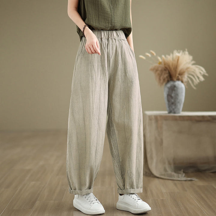 Pantalones de lino y algodón con cintura elástica y diseño arrugado de color liso con Buddha Stones para mujer con bolsillos - image 8
