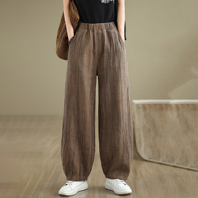 Pantalones de lino y algodón con cintura elástica y diseño arrugado de color liso con Buddha Stones para mujer con bolsillos - image 2