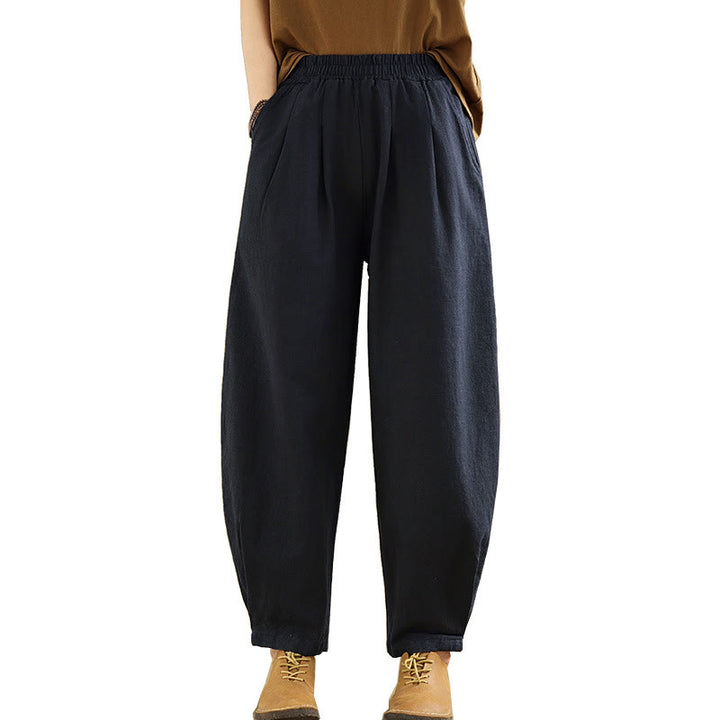 Pantalones de lino y algodón con cintura elástica cónica de color liso informales para mujer con bolsillos y Buddha Stones - image 25