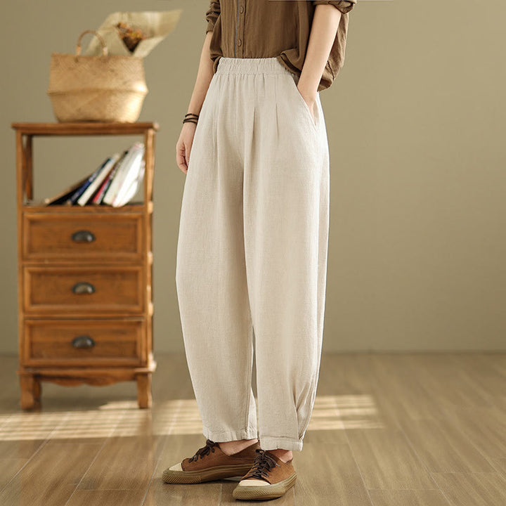 Pantalones de lino y algodón con cintura elástica cónica de color liso informales para mujer con bolsillos y Buddha Stones - image 9