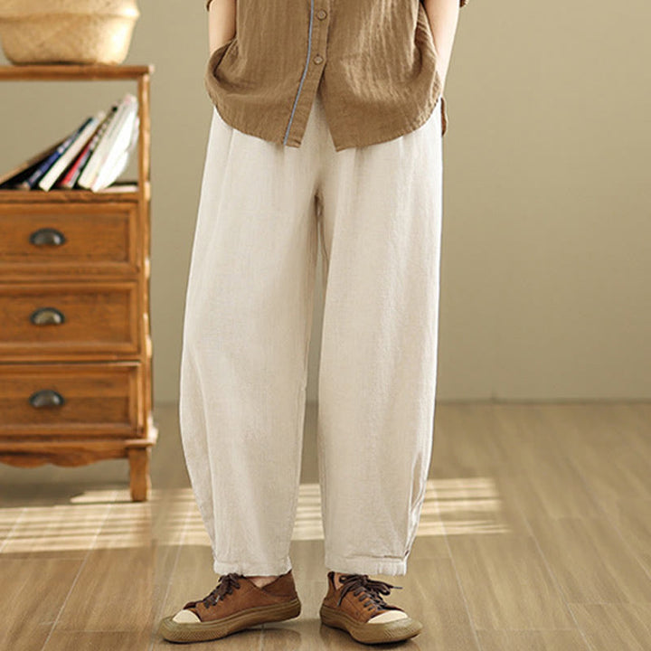 Pantalones de lino y algodón con cintura elástica cónica de color liso informales para mujer con bolsillos y Buddha Stones - Beige - US8-10，UK/AU12-14，EU40-42 (2XL) - image 7