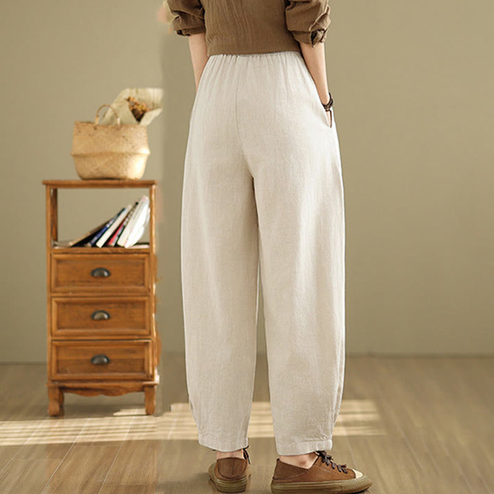 Pantalones de lino y algodón con cintura elástica cónica de color liso informales para mujer con bolsillos y Buddha Stones - image 13