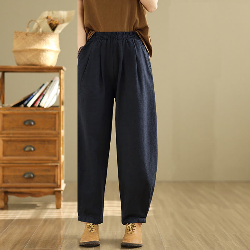 Pantalones de lino y algodón con cintura elástica cónica de color liso informales para mujer con bolsillos y Buddha Stones - image 22