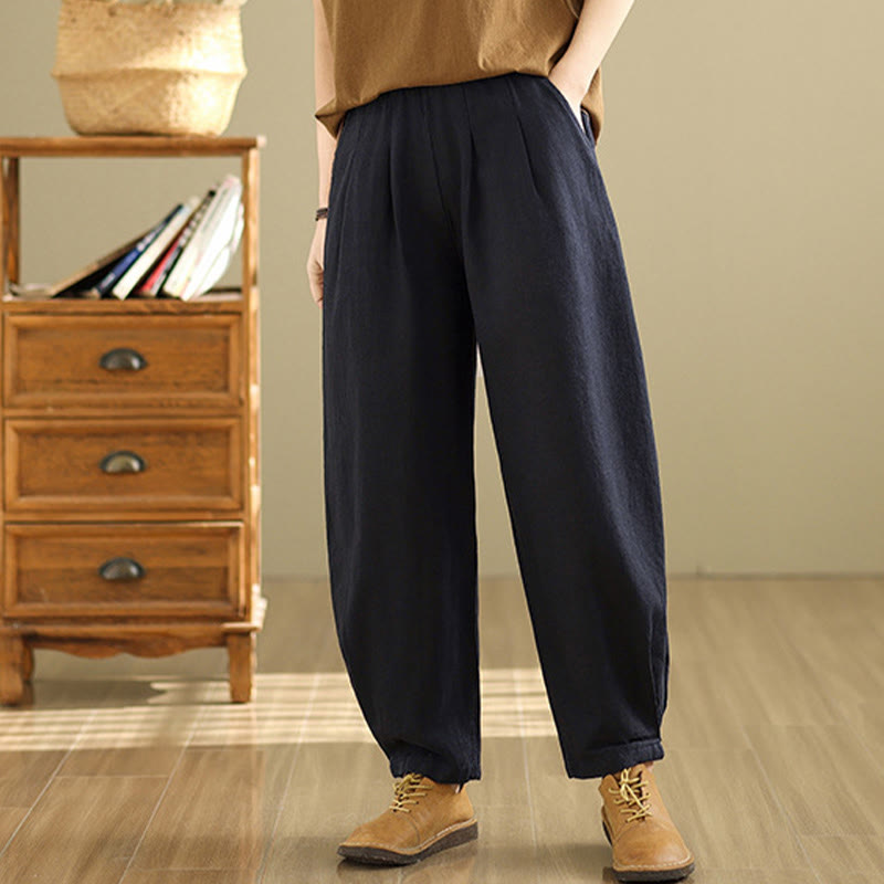 Pantalones de lino y algodón con cintura elástica cónica de color liso informales para mujer con bolsillos y Buddha Stones - image 20