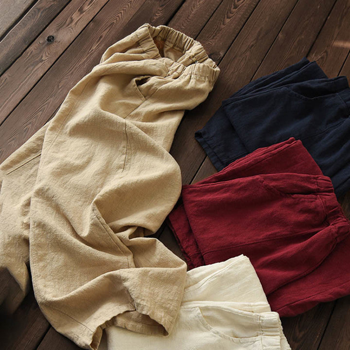 Pantalones de mujer de algodón y ramio con forro polar y cintura elástica de color liso y casual con Buddha Stones y bolsillos - image 50