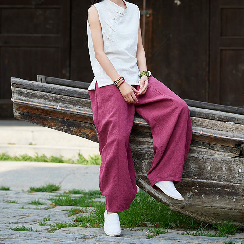 Pantalones de mujer de algodón y ramio con forro polar y cintura elástica de color liso y casual con Buddha Stones y bolsillos - image 17
