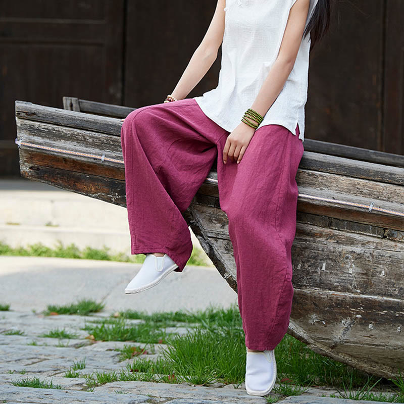 Pantalones de mujer de algodón y ramio con forro polar y cintura elástica de color liso y casual con Buddha Stones y bolsillos - image 19