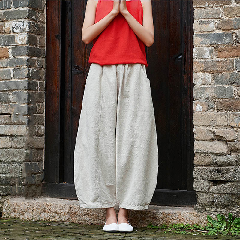 Pantalones de mujer de algodón y ramio con forro polar y cintura elástica de color liso y casual con Buddha Stones y bolsillos - image 8