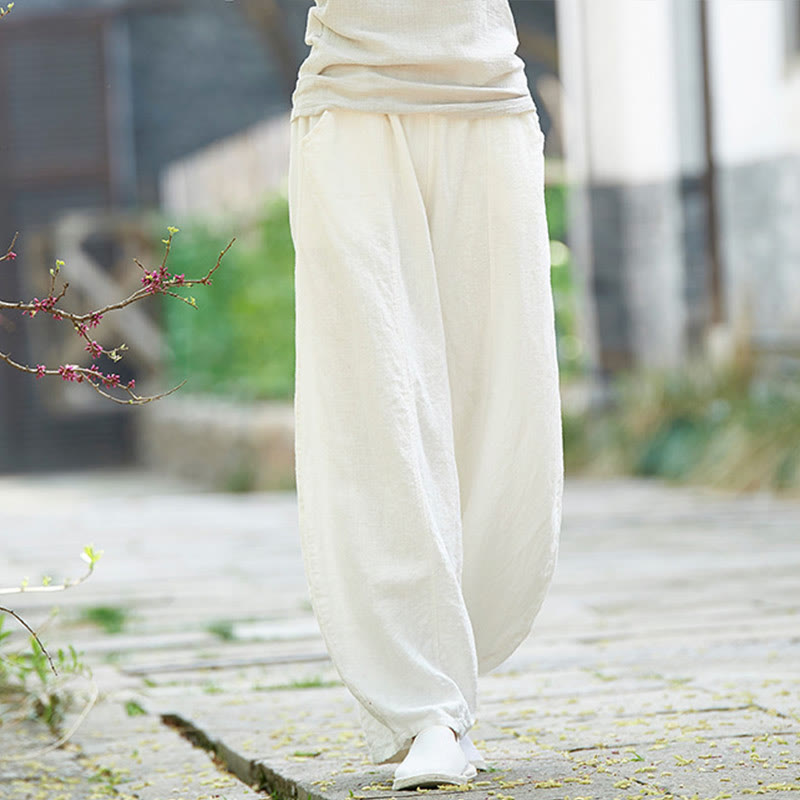 Pantalones de mujer de algodón y ramio con forro polar y cintura elástica de color liso y casual con Buddha Stones y bolsillos - Blanco - US4，UK/AU8，EU36 (L) - image 21