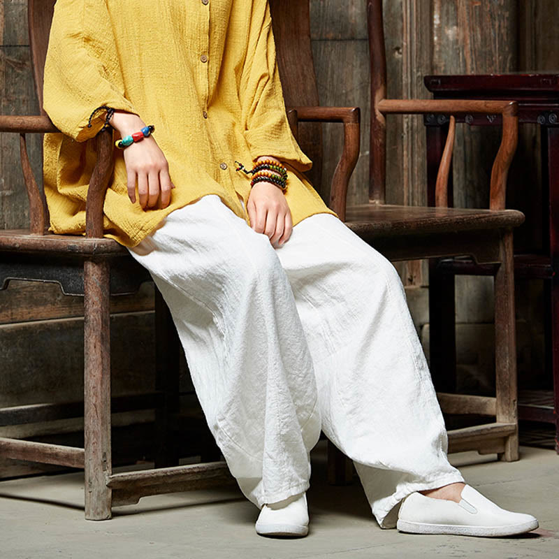 Pantalones de mujer de algodón y ramio con forro polar y cintura elástica de color liso y casual con Buddha Stones y bolsillos - image 26