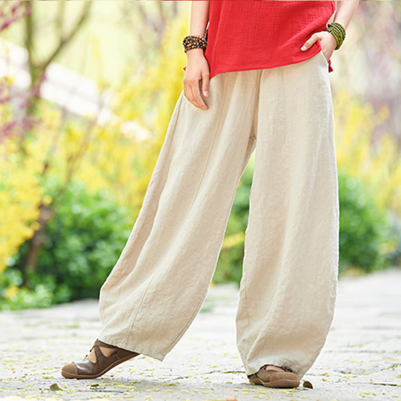 Pantalones de mujer de algodón y ramio con forro polar y cintura elástica de color liso y casual con Buddha Stones y bolsillos - image 4