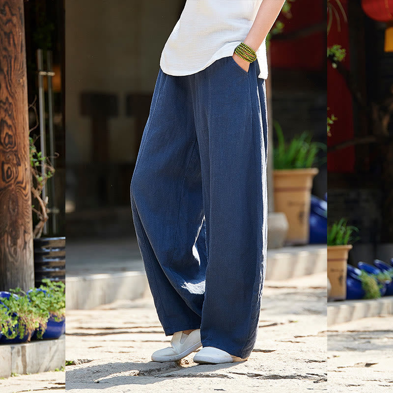 Pantalones de mujer de algodón y ramio con forro polar y cintura elástica de color liso y casual con Buddha Stones y bolsillos - image 31