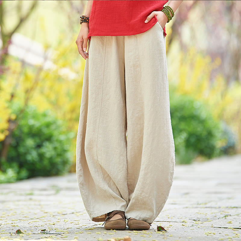 Pantalones de mujer de algodón y ramio con forro polar y cintura elástica de color liso y casual con Buddha Stones y bolsillos - Beige - US4，UK/AU8，EU36 (L) - image 0