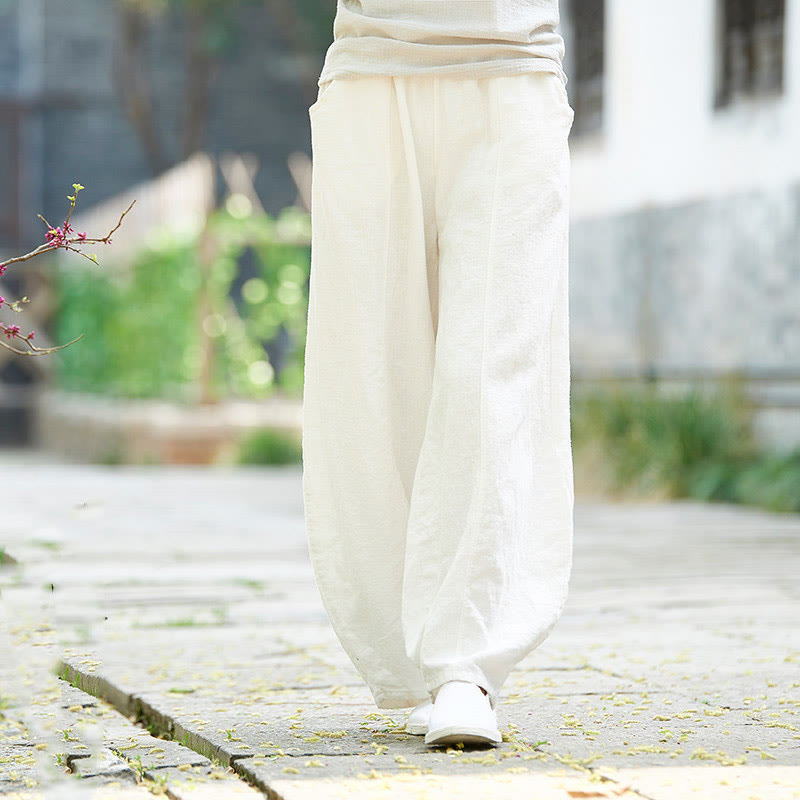 Pantalones de mujer de algodón y ramio con forro polar y cintura elástica de color liso y casual con Buddha Stones y bolsillos - image 22
