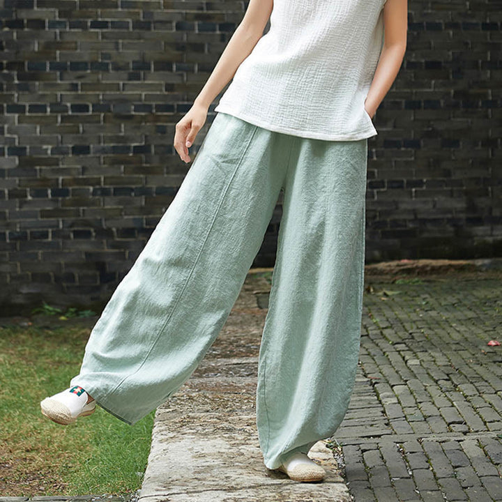 Pantalones de mujer de algodón y ramio con forro polar y cintura elástica de color liso y casual con Buddha Stones y bolsillos - image 39
