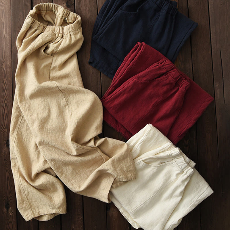 Pantalones de mujer de algodón y ramio con forro polar y cintura elástica de color liso y casual con Buddha Stones y bolsillos - image 2