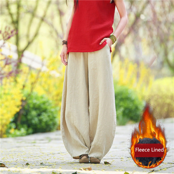 Pantalones de mujer de algodón y ramio con forro polar y cintura elástica de color liso y casual con Buddha Stones y bolsillos - Beige (forrado de felpa) - US4，UK/AU8，EU36 (L) - image 46