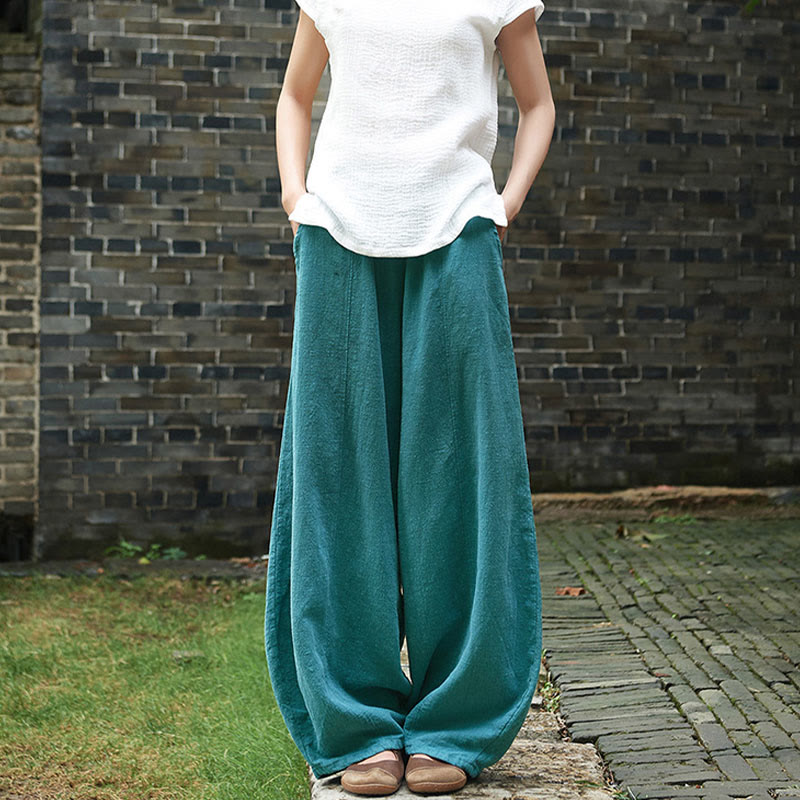 Pantalones de mujer de algodón y ramio con forro polar y cintura elástica de color liso y casual con Buddha Stones y bolsillos - image 45